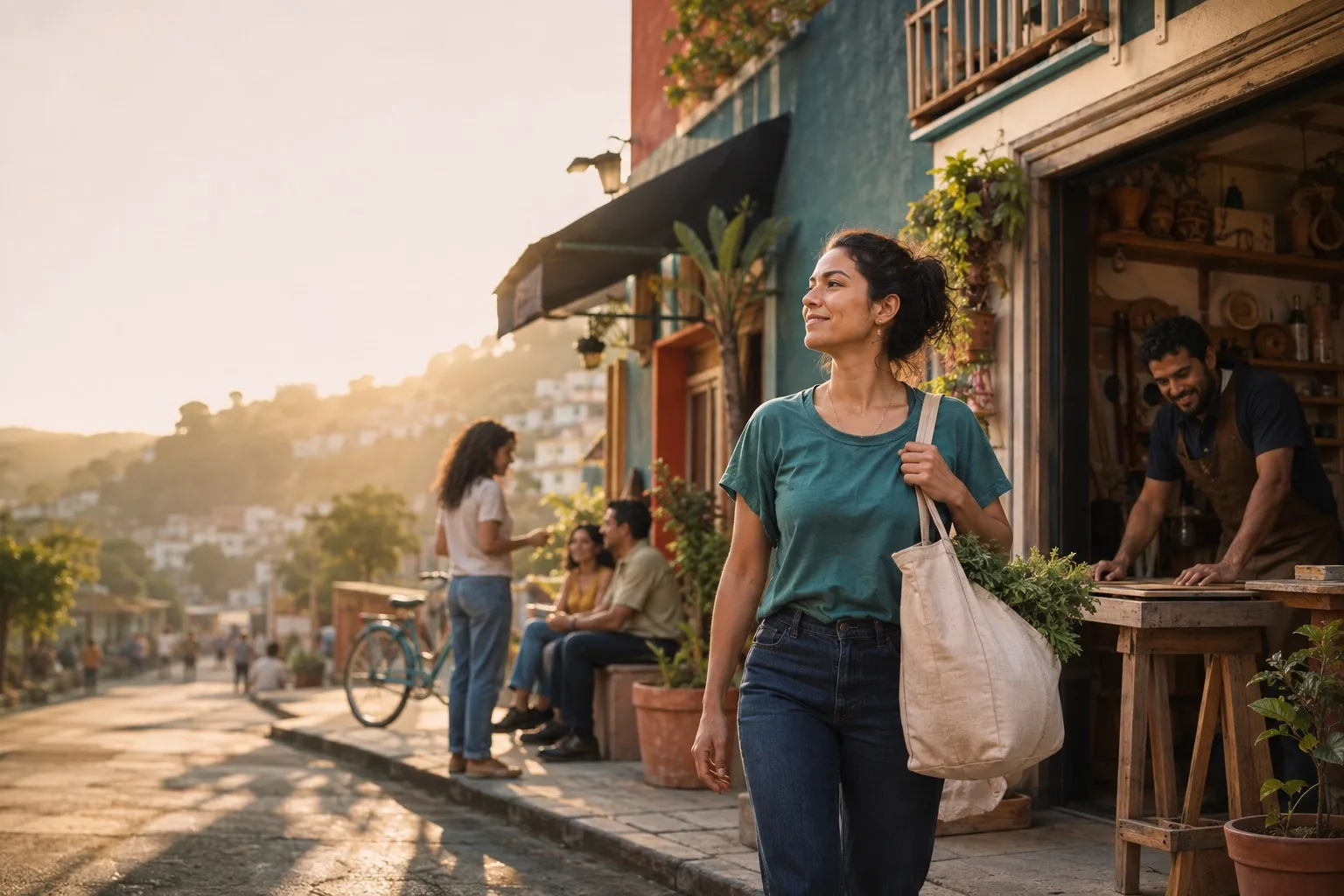 Personas recorriendo una calle local junto a un negocio de barrio